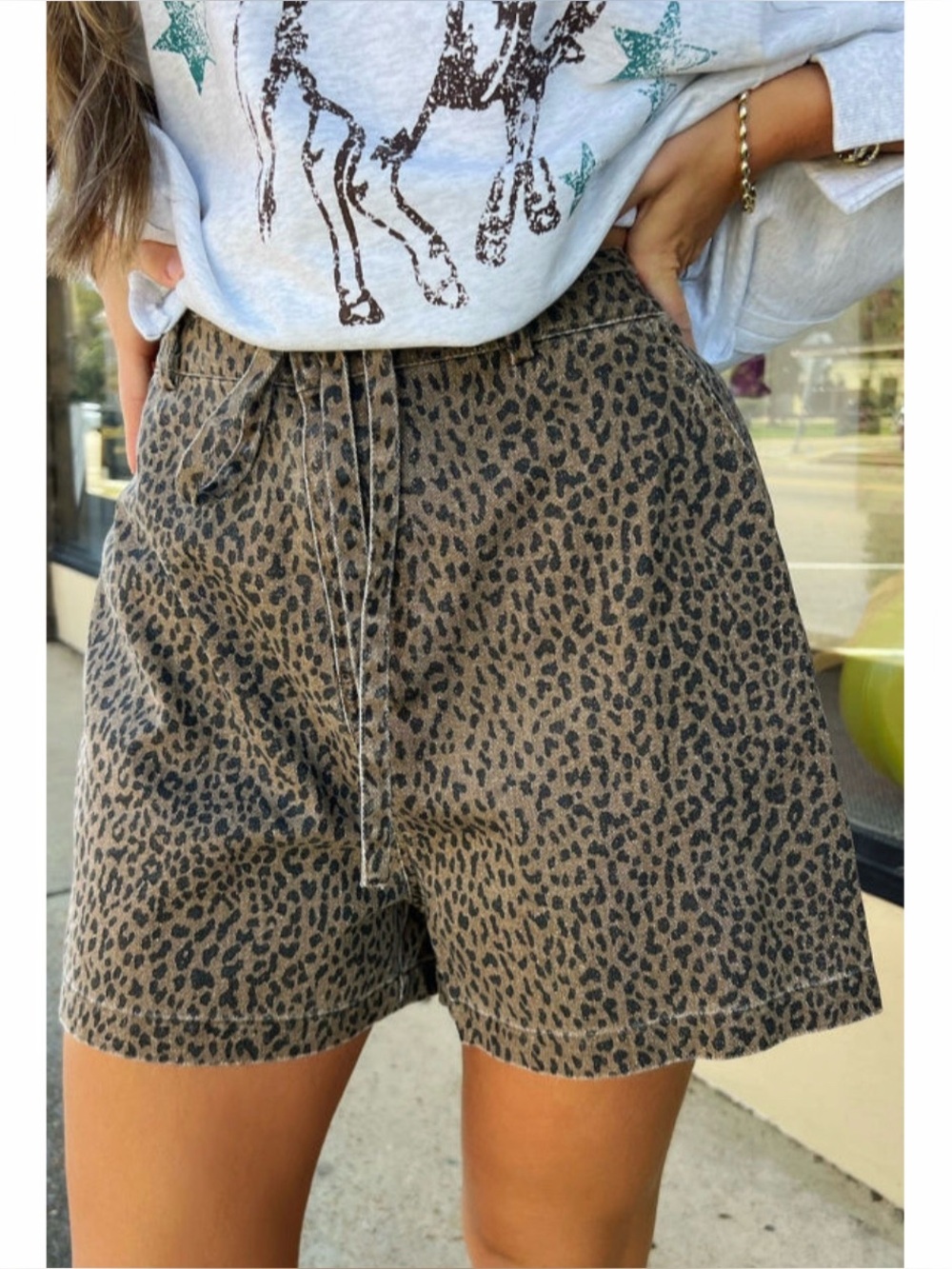 Black LeopardPrint Loose Denim Shorts